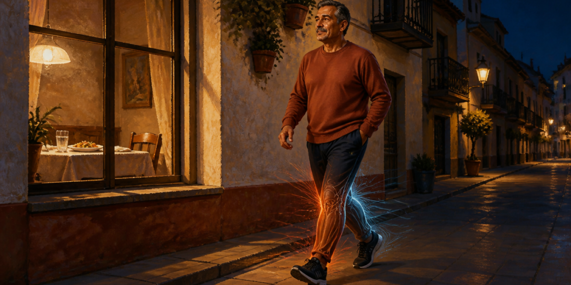 Hombre adulto caminando por una calle al anochecer después de cenar, con efectos luminosos alrededor de las piernas que representan la activación muscular y el control del azúcar en sangre.