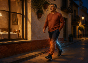 Hombre adulto caminando por una calle al anochecer después de cenar, con efectos luminosos alrededor de las piernas que representan la activación muscular y el control del azúcar en sangre.
