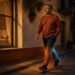 Hombre adulto caminando por una calle al anochecer después de cenar, con efectos luminosos alrededor de las piernas que representan la activación muscular y el control del azúcar en sangre.