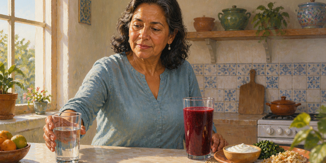 Mujer adulta tomando un vaso de agua en una cocina, junto a una bebida roja y un plato con alimentos.