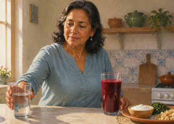 Mujer adulta tomando un vaso de agua en una cocina, junto a una bebida roja y un plato con alimentos.