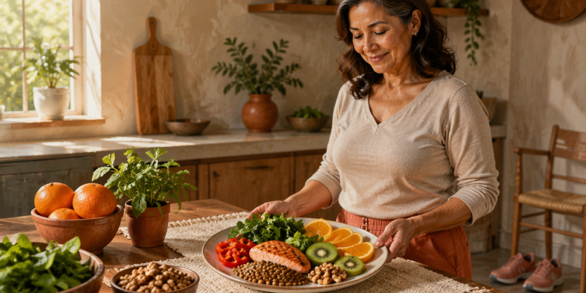 Mujer de mediana edad coloca sobre una mesa un plato con salmón, lentejas, nueces, verduras de hoja verde, pimiento, kiwi y naranja.