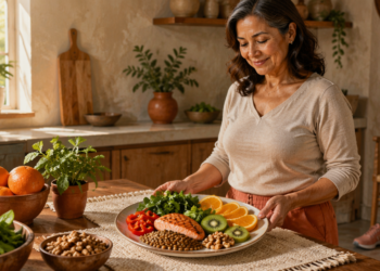 Mujer de mediana edad coloca sobre una mesa un plato con salmón, lentejas, nueces, verduras de hoja verde, pimiento, kiwi y naranja.