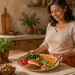 Mujer de mediana edad coloca sobre una mesa un plato con salmón, lentejas, nueces, verduras de hoja verde, pimiento, kiwi y naranja.
