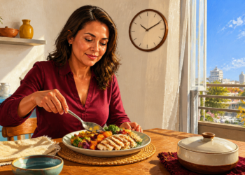 Mujer adulta come un plato con pollo, cereales y verduras junto a un reloj de pared en un comedor iluminado por el sol.