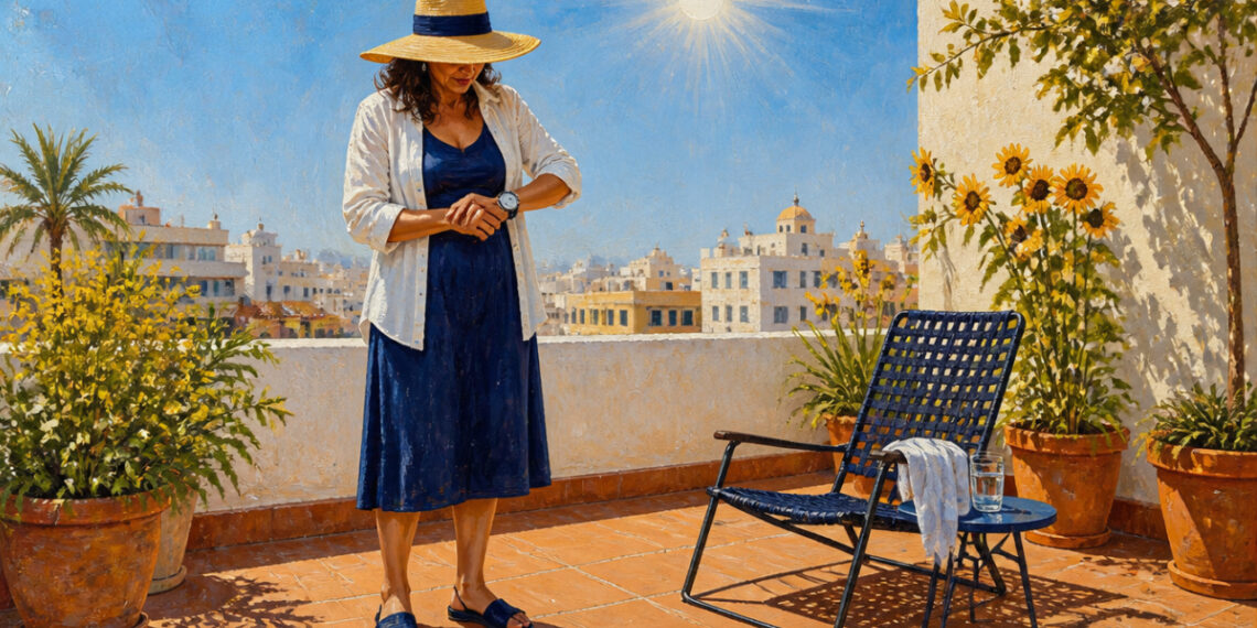 Mujer con sombrero de ala ancha mira su reloj en una terraza soleada, con el sol en lo alto, plantas en macetas, una silla y un vaso de agua.