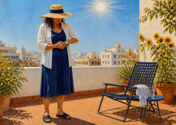 Mujer con sombrero de ala ancha mira su reloj en una terraza soleada, con el sol en lo alto, plantas en macetas, una silla y un vaso de agua.