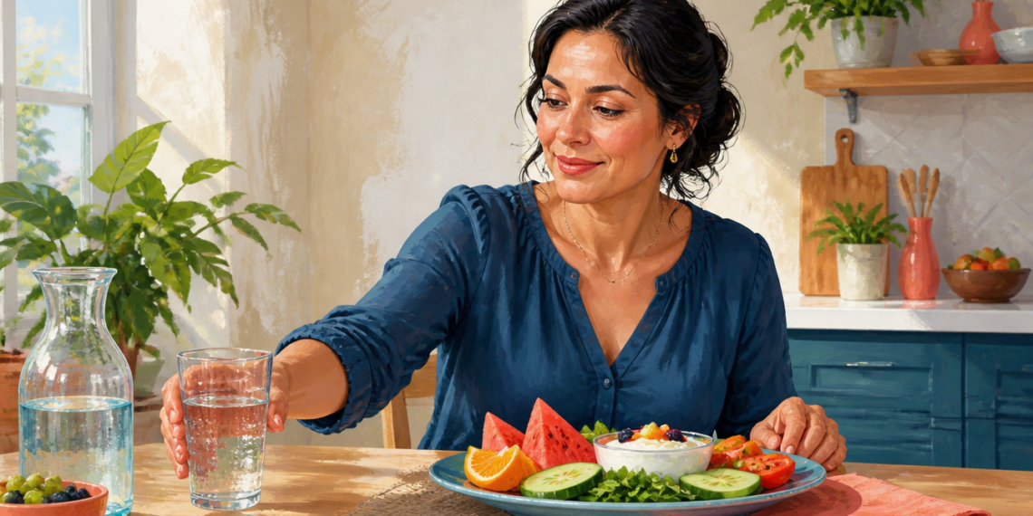 Mujer adulta toma un vaso de agua junto a un plato con sandía, naranja, pepino, tomate, hojas verdes y yogur en una cocina luminosa.