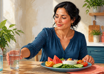 Mujer adulta toma un vaso de agua junto a un plato con sandía, naranja, pepino, tomate, hojas verdes y yogur en una cocina luminosa.