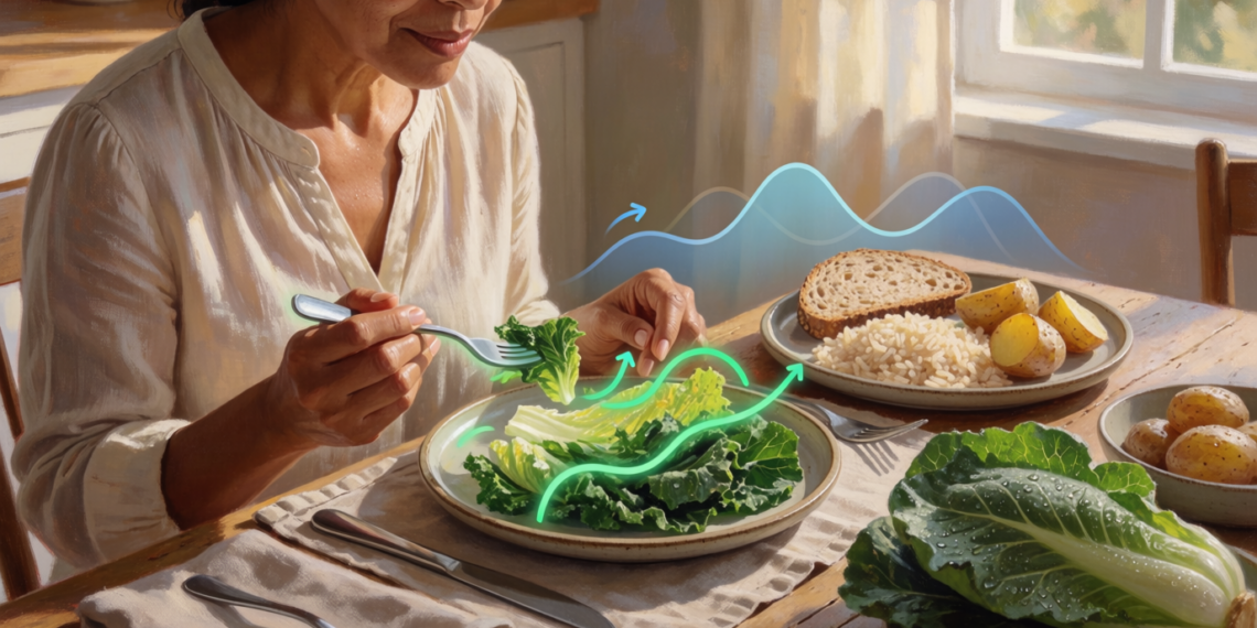 Mujer de mediana edad comiendo vegetales antes de consumir carbohidratos, con gráficos ilustrativos que muestran la estabilización de los niveles de glucosa.
