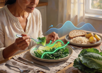 Mujer de mediana edad comiendo vegetales antes de consumir carbohidratos, con gráficos ilustrativos que muestran la estabilización de los niveles de glucosa.