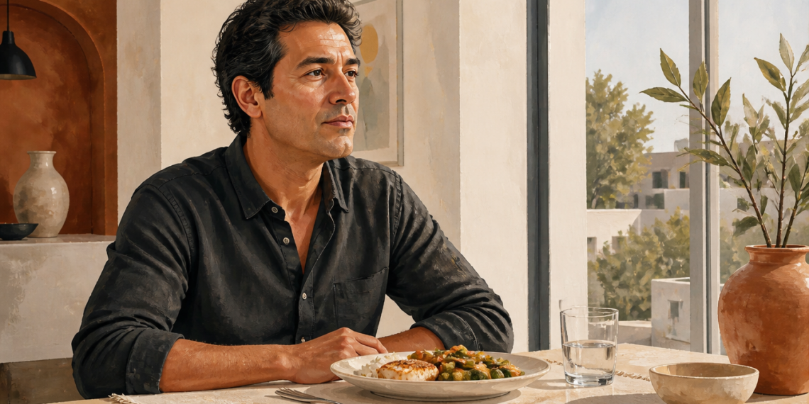 Hombre adulto sentado ante un plato de comida hace una pausa durante la comida, con un vaso de agua sobre la mesa.