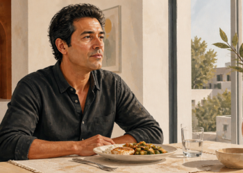 Hombre adulto sentado ante un plato de comida hace una pausa durante la comida, con un vaso de agua sobre la mesa.