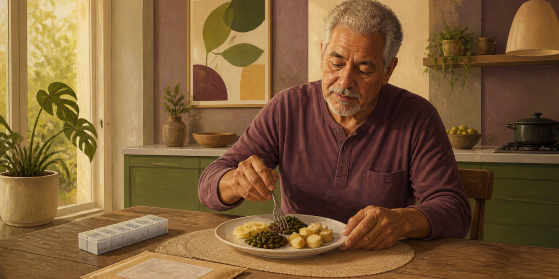 Hombre mayor come un plato con plátano, verduras y patatas mientras tiene un pastillero semanal sobre la mesa de la cocina.