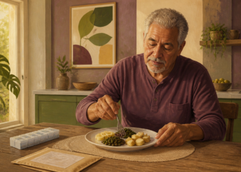 Hombre mayor come un plato con plátano, verduras y patatas mientras tiene un pastillero semanal sobre la mesa de la cocina.