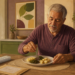 Hombre mayor come un plato con plátano, verduras y patatas mientras tiene un pastillero semanal sobre la mesa de la cocina.
