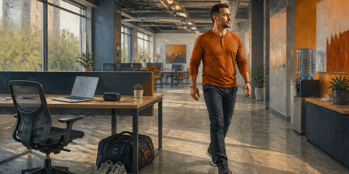 Hombre caminando por una oficina después de levantarse de su escritorio, junto a una silla, un ordenador portátil, zapatillas deportivas y una bolsa de gimnasio.