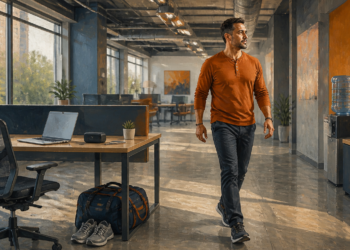 Hombre caminando por una oficina después de levantarse de su escritorio, junto a una silla, un ordenador portátil, zapatillas deportivas y una bolsa de gimnasio.