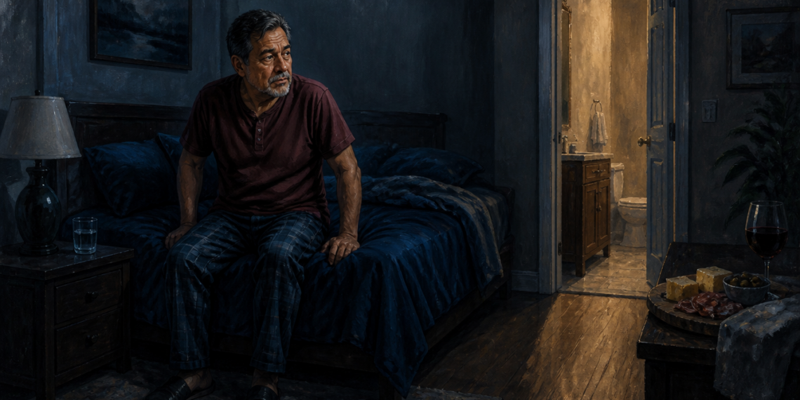 Hombre adulto sentado en la cama durante la noche, mirando hacia un baño iluminado, con un vaso de agua en la mesita y alimentos salados sobre una mesa.