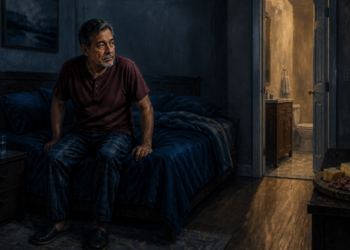 Hombre adulto sentado en la cama durante la noche, mirando hacia un baño iluminado, con un vaso de agua en la mesita y alimentos salados sobre una mesa.