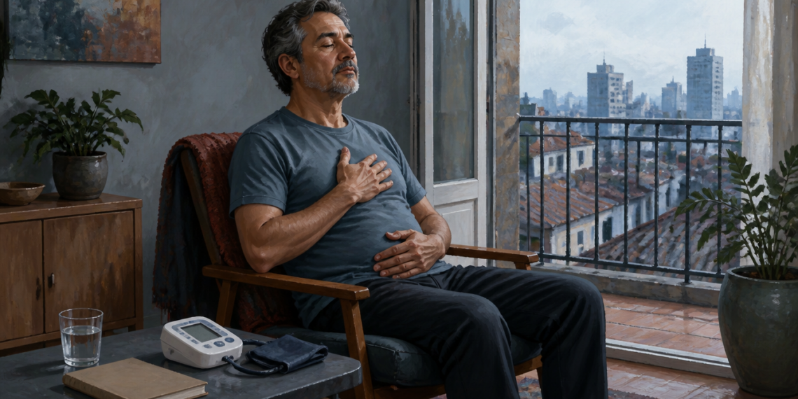 Hombre sentado con los ojos cerrados practica respiración lenta, con una mano sobre el pecho y otra sobre el abdomen, junto a un tensiómetro.