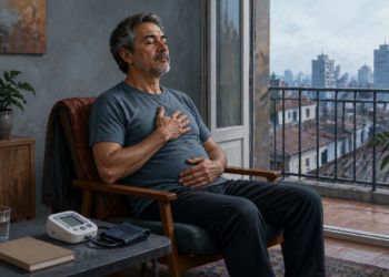 Hombre sentado con los ojos cerrados practica respiración lenta, con una mano sobre el pecho y otra sobre el abdomen, junto a un tensiómetro.