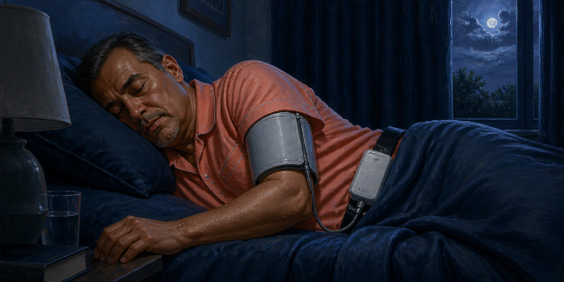 Hombre duerme de lado con un manguito de presión arterial conectado a un monitor portátil durante la noche.