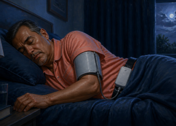 Hombre duerme de lado con un manguito de presión arterial conectado a un monitor portátil durante la noche.
