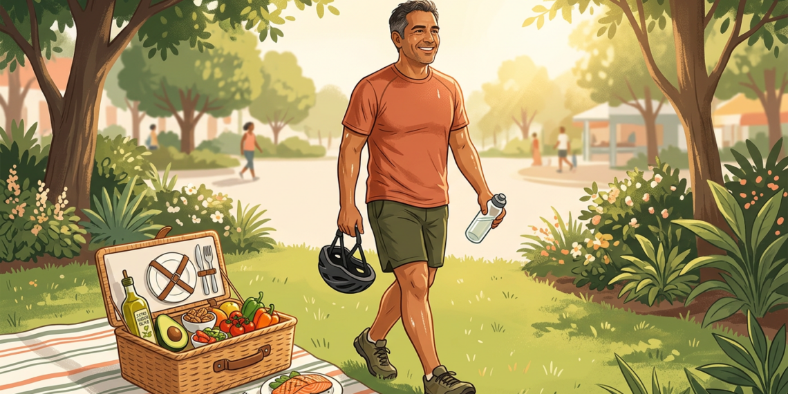 Ilustración de un hombre caminando en un parque soleado junto a un picnic con alimentos saludables ricos en grasas buenas.