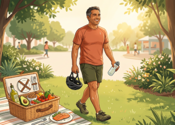 Ilustración de un hombre caminando en un parque soleado junto a un picnic con alimentos saludables ricos en grasas buenas.