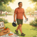 Ilustración de un hombre caminando en un parque soleado junto a un picnic con alimentos saludables ricos en grasas buenas.