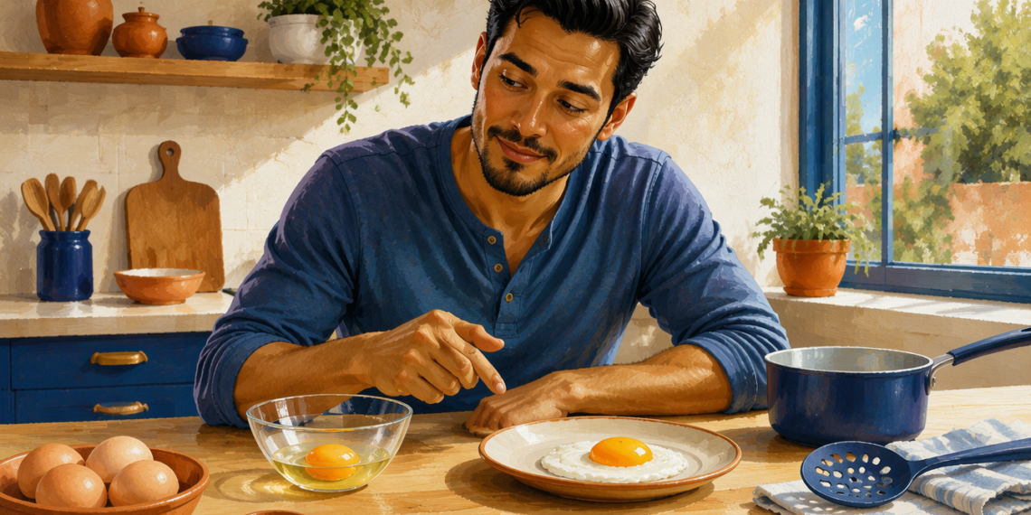 Hombre adulto compara un huevo crudo en un recipiente de vidrio con un huevo frito servido en un plato sobre la mesa de una cocina.