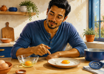 Hombre adulto compara un huevo crudo en un recipiente de vidrio con un huevo frito servido en un plato sobre la mesa de una cocina.