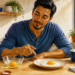 Hombre adulto compara un huevo crudo en un recipiente de vidrio con un huevo frito servido en un plato sobre la mesa de una cocina.