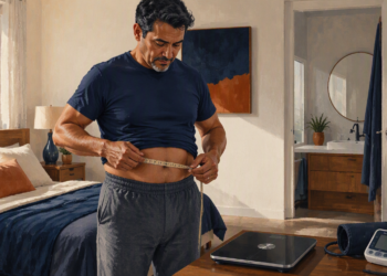 Hombre adulto mide el perímetro de su abdomen con una cinta métrica, junto a una báscula digital y un tensiómetro en el dormitorio.