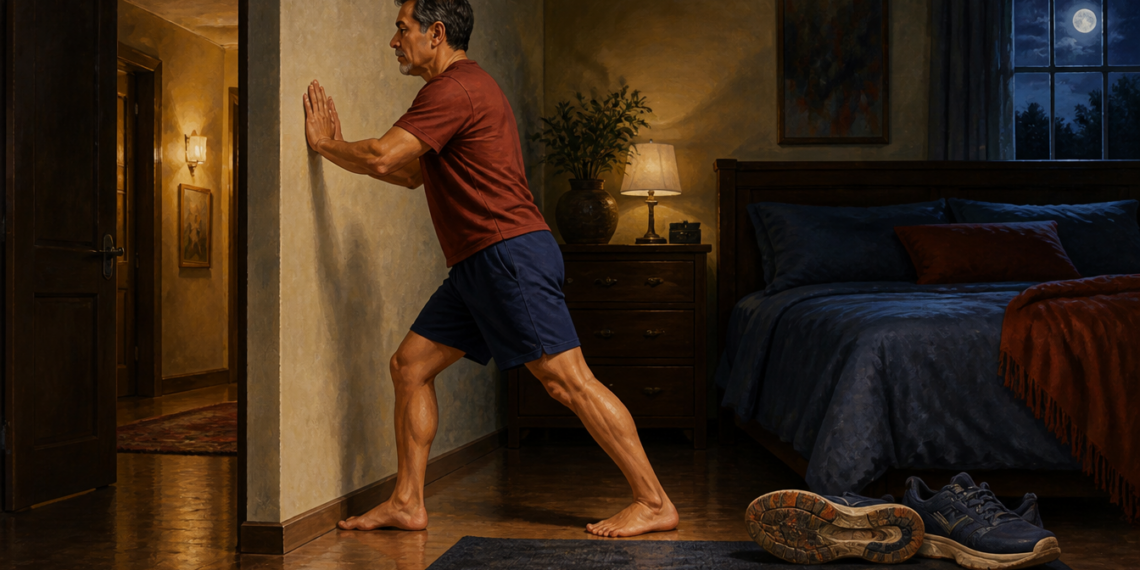 Hombre adulto estira la pantorrilla apoyando las manos en una pared del dormitorio durante la noche, con unas zapatillas deportivas junto a la cama.