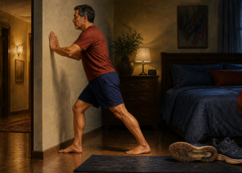 Hombre adulto estira la pantorrilla apoyando las manos en una pared del dormitorio durante la noche, con unas zapatillas deportivas junto a la cama.