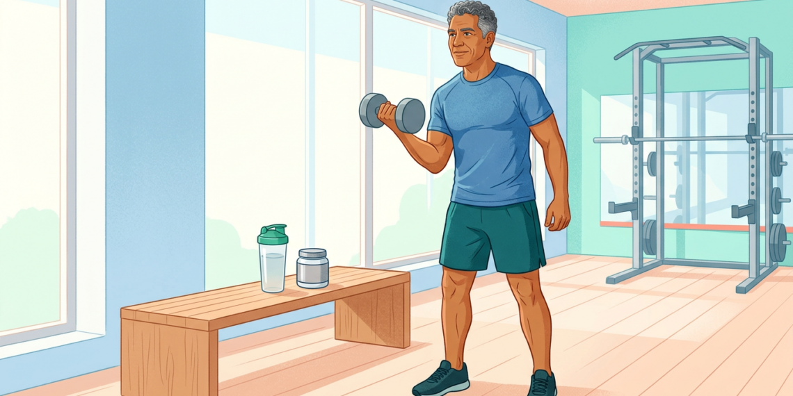 Ilustración de un hombre mayor levantando una mancuerna en un gimnasio luminoso, con un envase de suplemento sobre un banco cercano.