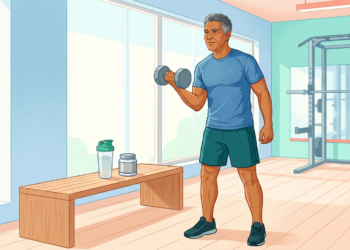 Ilustración de un hombre mayor levantando una mancuerna en un gimnasio luminoso, con un envase de suplemento sobre un banco cercano.