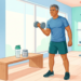Ilustración de un hombre mayor levantando una mancuerna en un gimnasio luminoso, con un envase de suplemento sobre un banco cercano.