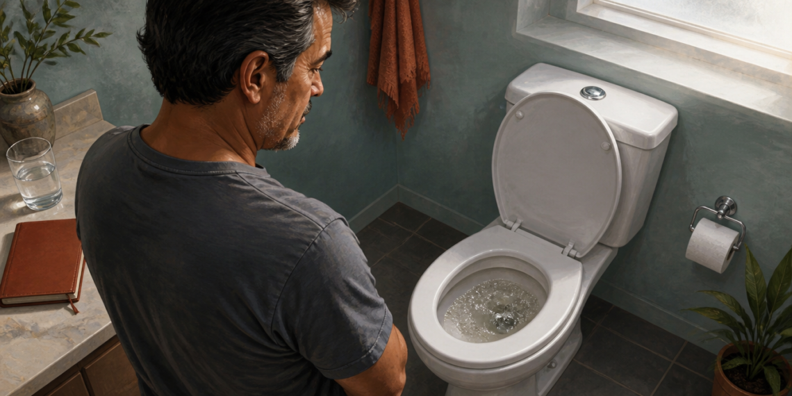 Hombre de mediana edad observa un inodoro con espuma en el agua dentro de un baño, con un vaso de agua y una libreta sobre la encimera.