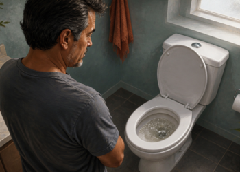 Hombre de mediana edad observa un inodoro con espuma en el agua dentro de un baño, con un vaso de agua y una libreta sobre la encimera.
