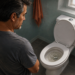 Hombre de mediana edad observa un inodoro con espuma en el agua dentro de un baño, con un vaso de agua y una libreta sobre la encimera.
