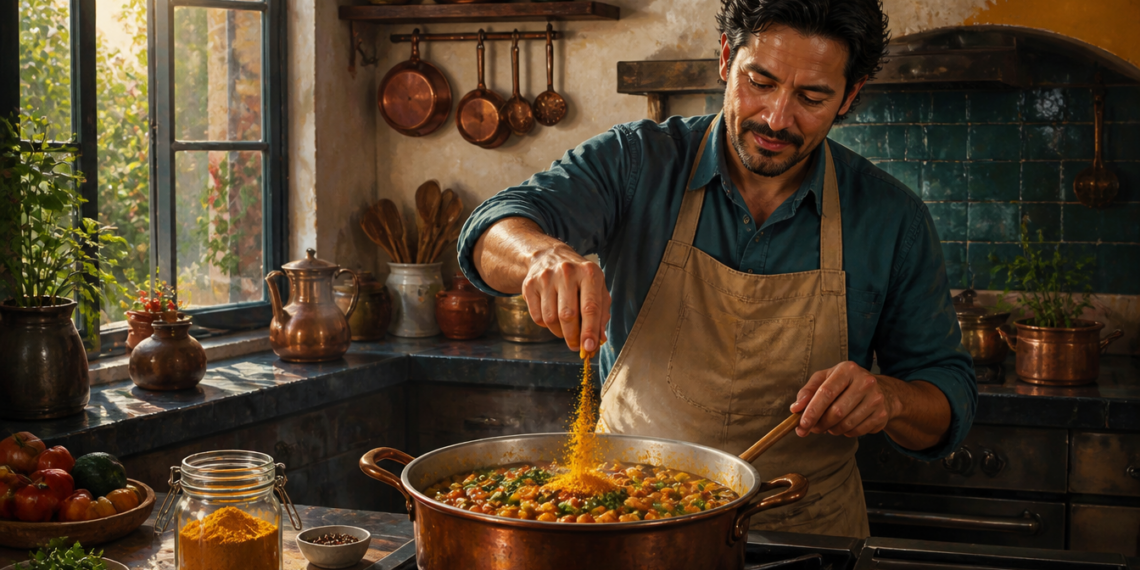 Hombre cocina un guiso de verduras en una olla de cobre y añade cúrcuma en polvo mientras remueve la preparación con una cuchara de madera.