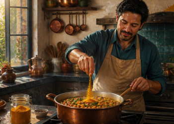 Hombre cocina un guiso de verduras en una olla de cobre y añade cúrcuma en polvo mientras remueve la preparación con una cuchara de madera.