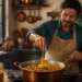 Hombre cocina un guiso de verduras en una olla de cobre y añade cúrcuma en polvo mientras remueve la preparación con una cuchara de madera.