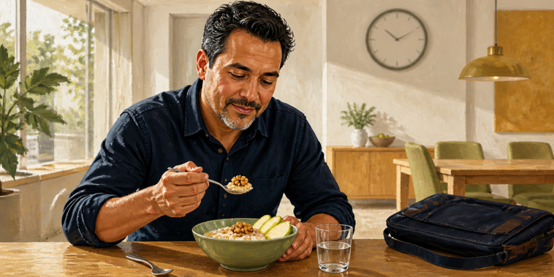 Hombre sentado a la mesa desayuna un cuenco de avena con nueces y manzana, junto a un vaso de agua y un maletín.