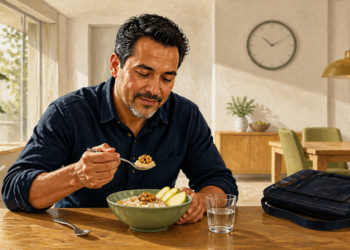 Hombre sentado a la mesa desayuna un cuenco de avena con nueces y manzana, junto a un vaso de agua y un maletín.