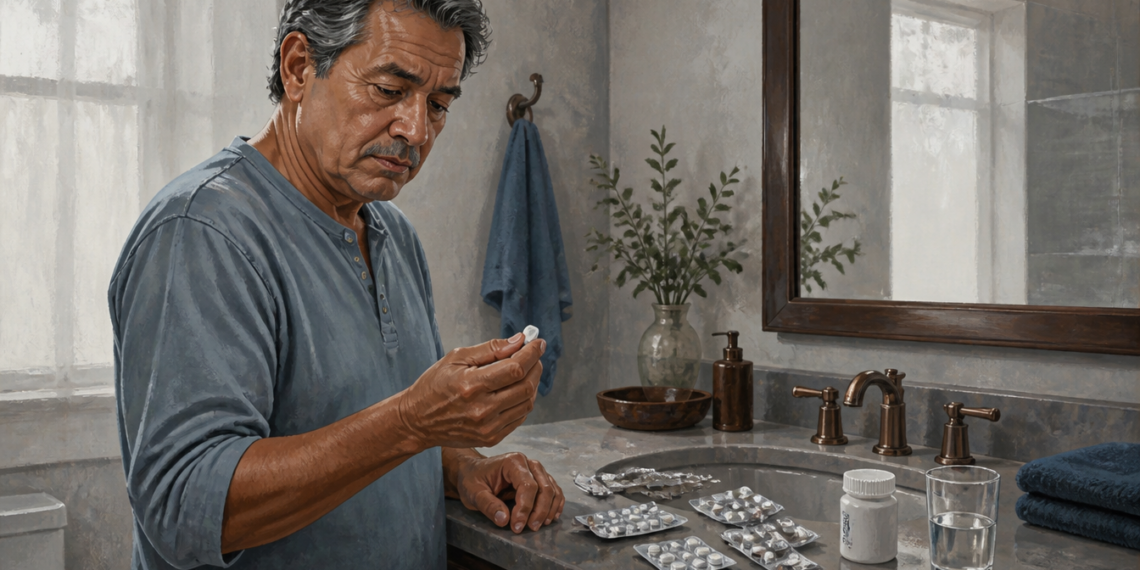 Hombre observa una tableta frente al lavabo, junto a varios blísteres de medicamentos, un frasco blanco y un vaso de agua.