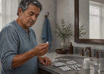 Hombre observa una tableta frente al lavabo, junto a varios blísteres de medicamentos, un frasco blanco y un vaso de agua.